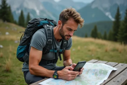 Coureur de trail masculin planifiant un parcours GPX sur carte topographique et smartphone en montagne