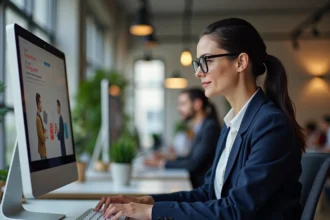 Conceptrice web d'une agence digitale analysant une maquette de site internet sur un grand écran dans un bureau moderne