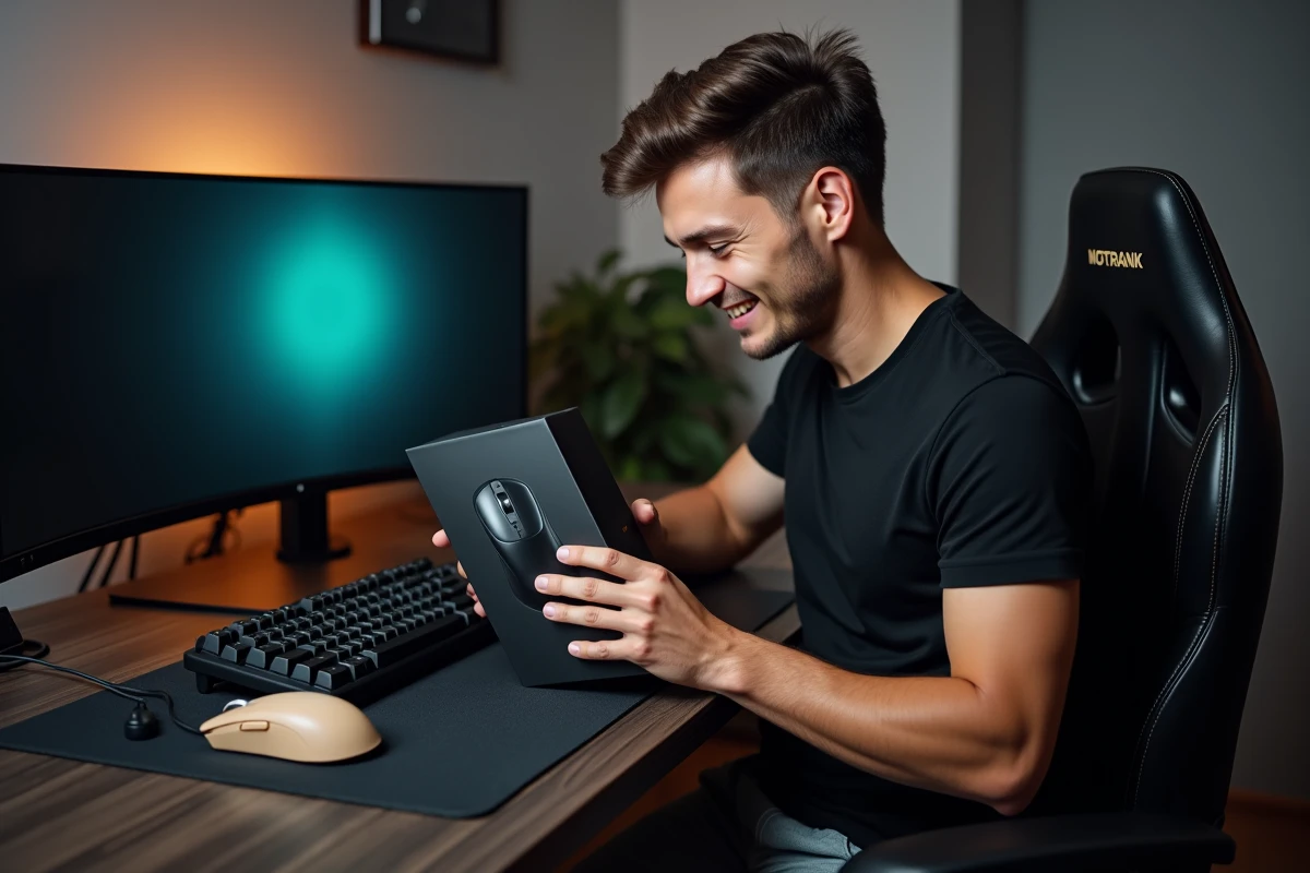Jeune homme déballant une souris gaming sans fil haut de gamme à côté d'une ancienne souris bureautique sur un bureau gaming minimaliste