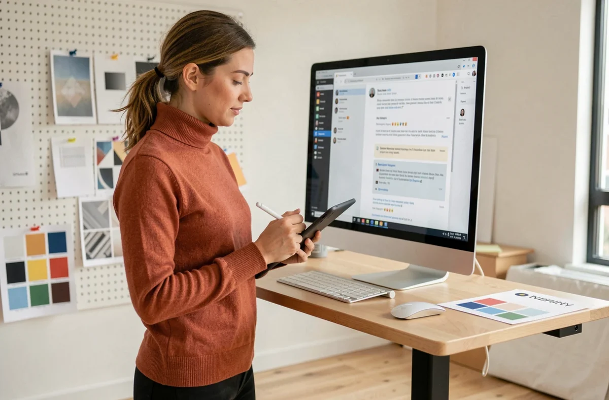 Designer freelance consultant ses emails clients sur un grand écran dans un studio créatif professionnel