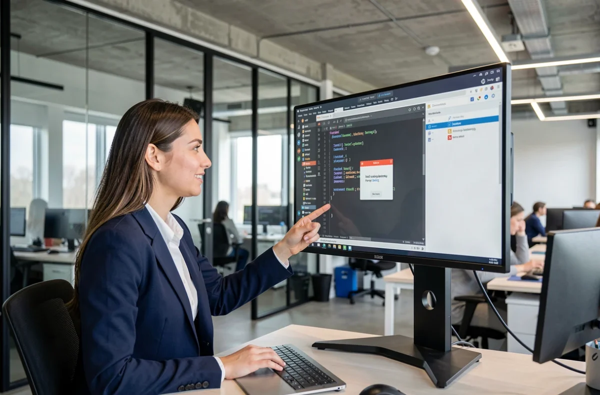 Designer UX féminine pointant vers un écran montrant du code CSS de positionnement absolu pour une interface modale en co-working