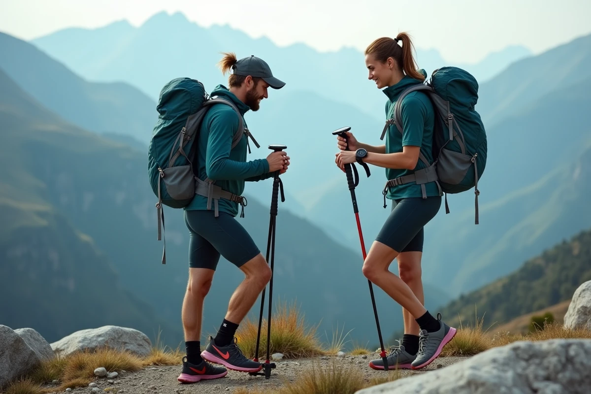 Deux coureurs de trail consultant un GPS sur une crête alpine lors d'un parcours ultra combiné