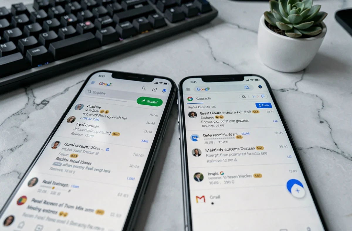 Deux smartphones affichant Gmail côte à côte, illustration des problèmes d'accusé de lecture et de réception