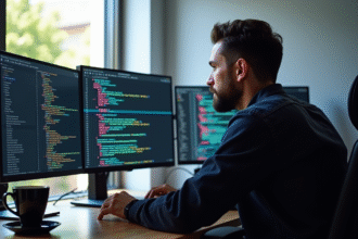 Développeur travaillant sur un bureau moderne avec écrans affichant du code et JSON