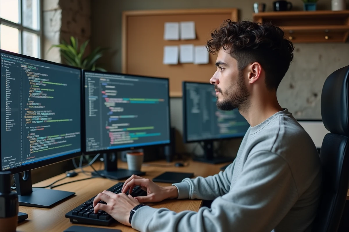 Développeur web travaillant sur du code de site internet dans un bureau à domicile avec double écran