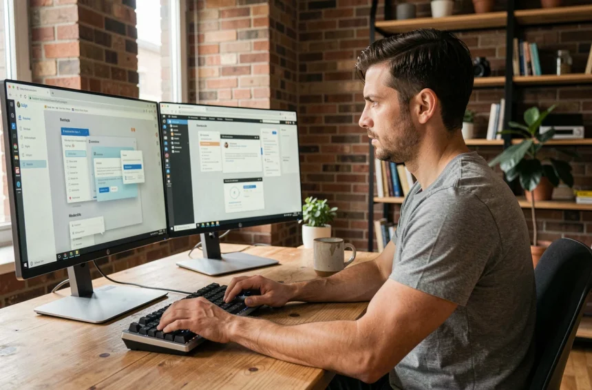 Développeur web masculin travaillant sur des overlays CSS et des modales dans un bureau à domicile avec double écran affichant des interfaces en couches