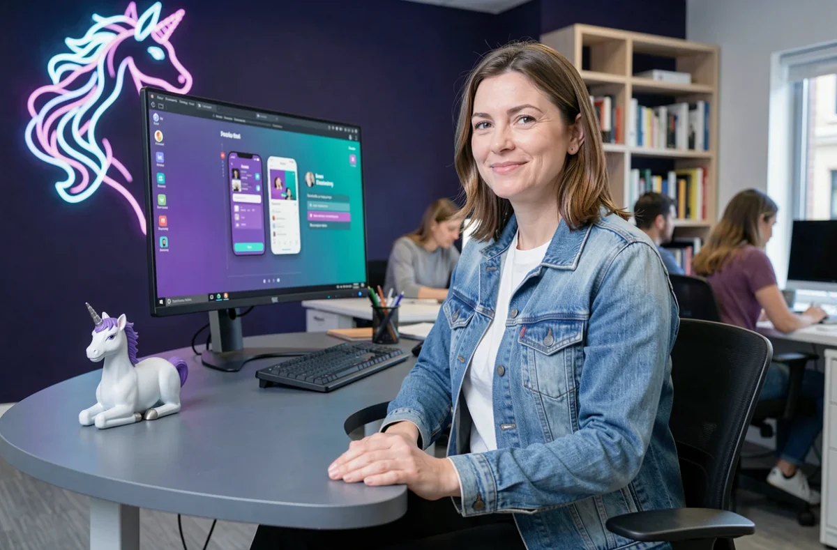 Designer UX de Digital Unicorn assise à son bureau avec des prototypes d'applications colorées et une figurine licorne