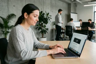 Femme développeuse consultant un nom de domaine .io sur son ordinateur portable dans un bureau tech moderne