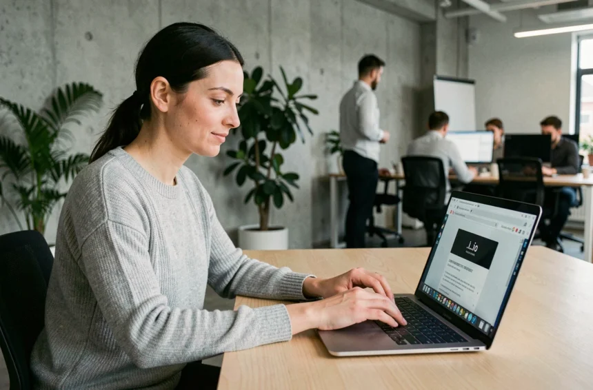 Femme développeuse consultant un nom de domaine .io sur son ordinateur portable dans un bureau tech moderne