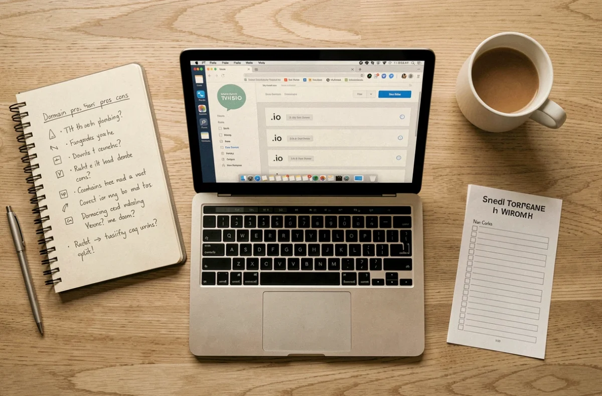 Vue aérienne d'un bureau avec ordinateur affichant des options de domaine .io, carnet de notes manuscrites et tasse de café