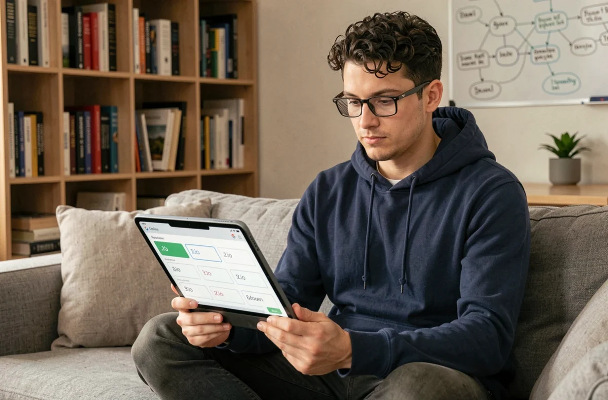 Jeune développeur indépendant consultant les options d'enregistrement de domaine .io sur une tablette depuis son bureau à domicile