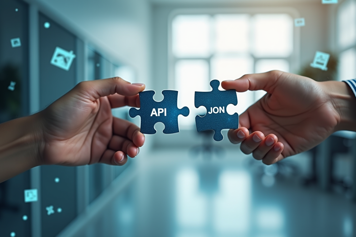 Deux mains échangeant des pièces numériques avec symboles API et JSON