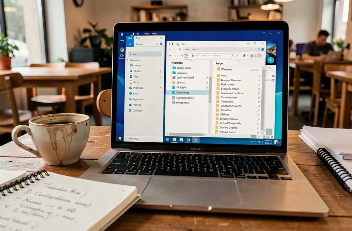 Écran d'ordinateur portable affichant les fichiers d'installation de Wine 64 bits sur Windows 11
