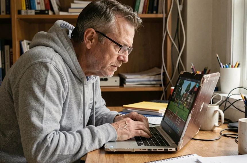 Un homme d'une quarantaine d'années concentré devant un vieux laptop affichant une interface d'émulation de jeux rétro dans un bureau à domicile encombré