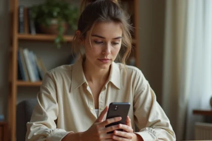 Jeune femme enregistrant une story Instagram sur son smartphone depuis un bureau en bois à domicile