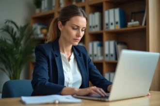 Enseignante connectée à son webmail académique sur un ordinateur portable dans une salle de classe
