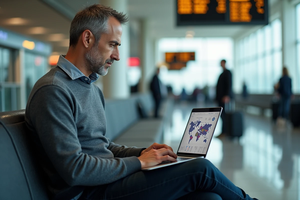 Entrepreneur nomade travaillant sur l'analytique d'un site multilingue dans un terminal d'aéroport international en 2026