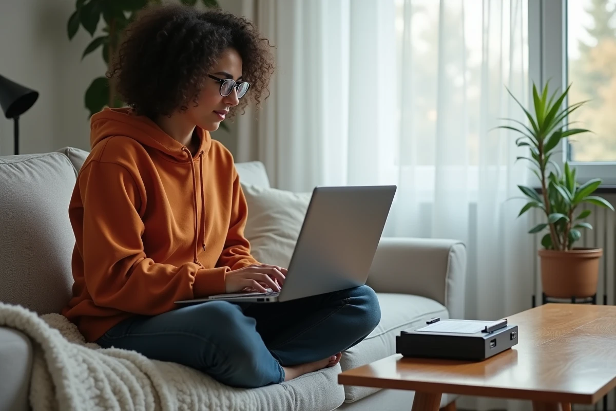 Personne envoyant par email un document numérisé en pièce jointe depuis un ordinateur portable dans un salon