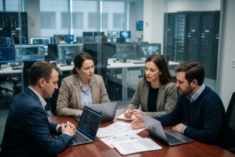 Groupe de quatre professionnels en cybersécurité en réunion