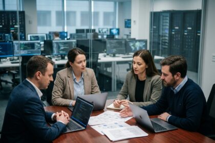 Groupe de quatre professionnels en cybersécurité en réunion