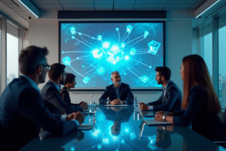 Equipe diverse discutant de la blockchain en réunion moderne