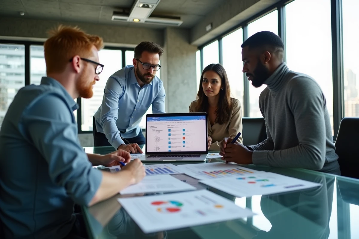 Équipe multiculturelle en réunion autour d'un tableau de bord de site web multilingue pour attirer des clients internationaux