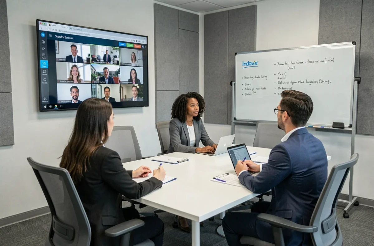 Équipe en réunion d'entreprise utilisant Skype sur grand écran mural dans une salle de conférence moderne