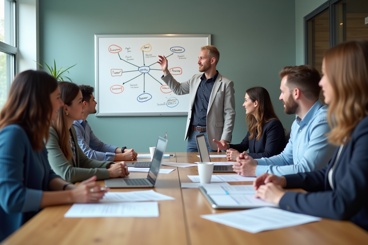 Equipe diversifiee de specialists SEO en discussion collaborative