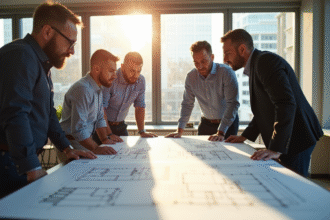 Groupe d'architectes autour d'un plan architectural