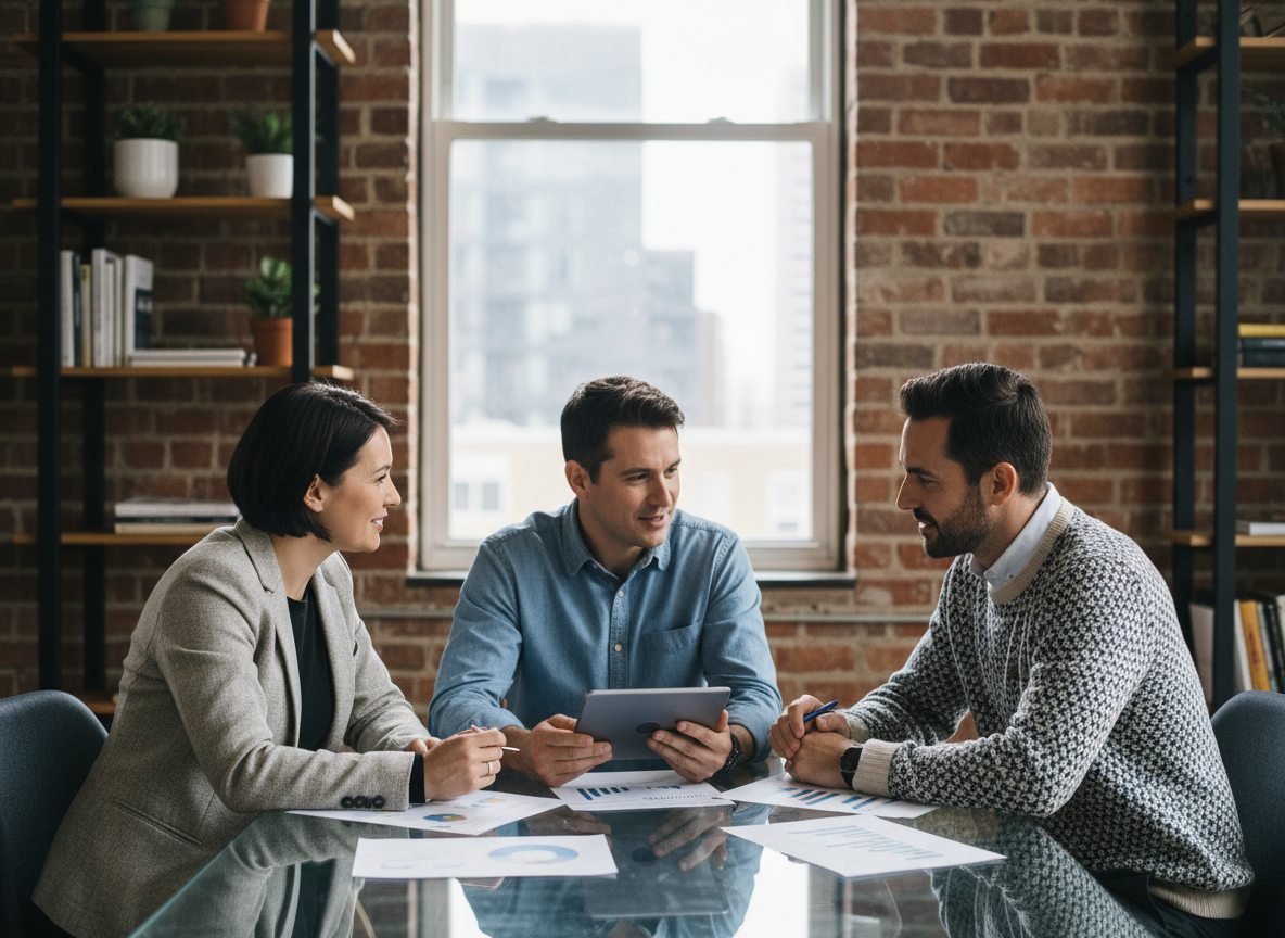 Groupe de community managers en réunion dans un studio créatif