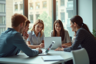 Espace de travail moderne avec équipe diverse collaborant