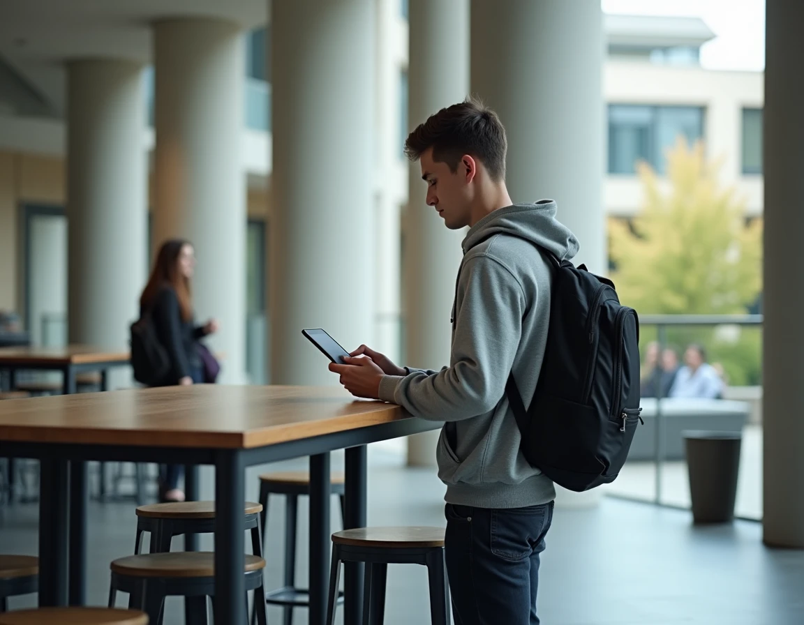 Étudiant consultant le portail d'inscription en ligne de Lyon 3 sur une tablette dans un espace commun universitaire