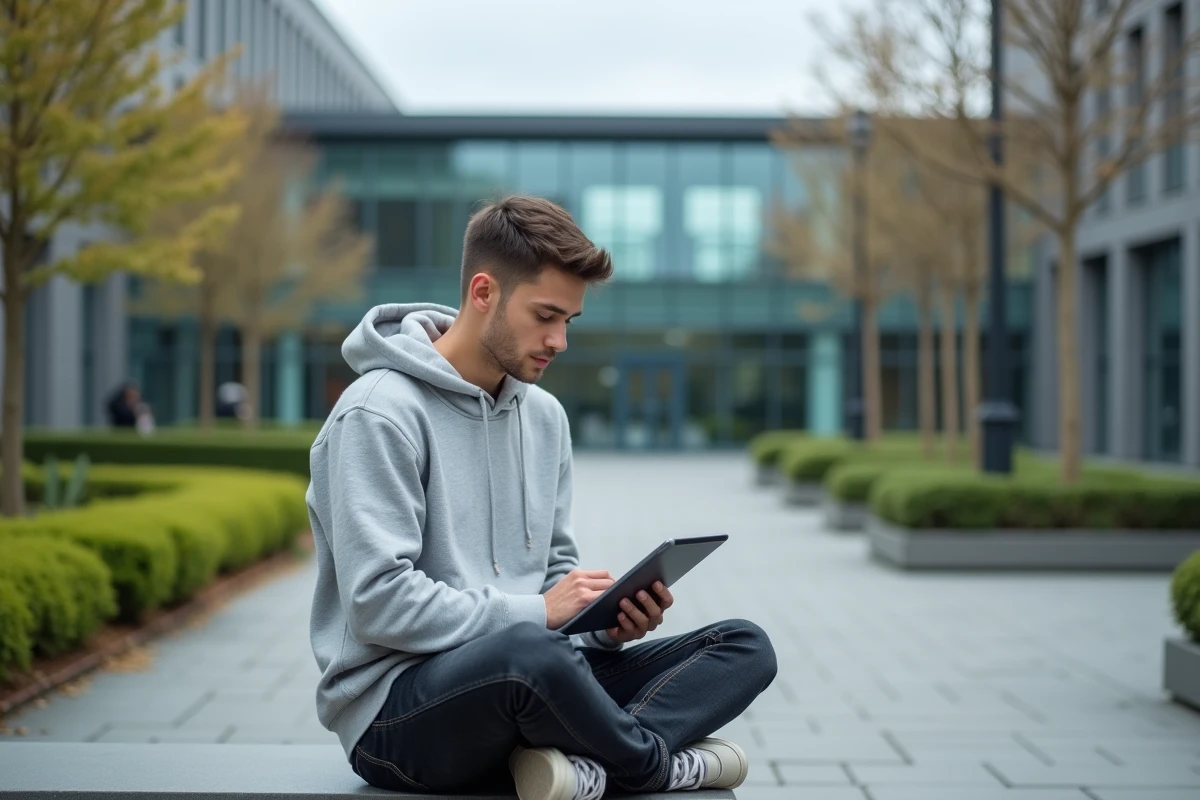 Étudiant consultant sa messagerie académique sur tablette dans une cour de campus universitaire