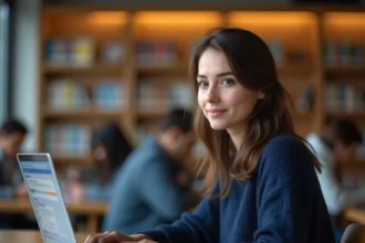 Étudiante utilisant l'intranet de l'université Lyon 3 sur un ordinateur portable dans une bibliothèque universitaire