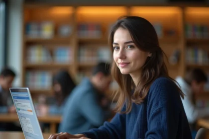 Étudiante utilisant l'intranet de l'université Lyon 3 sur un ordinateur portable dans une bibliothèque universitaire