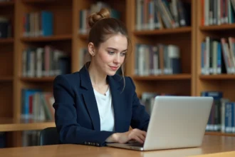 Étudiante universitaire consultant sa messagerie académique Webmel Nancy sur un ordinateur portable dans une bibliothèque