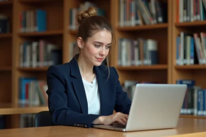 Étudiante universitaire consultant sa messagerie académique Webmel Nancy sur un ordinateur portable dans une bibliothèque