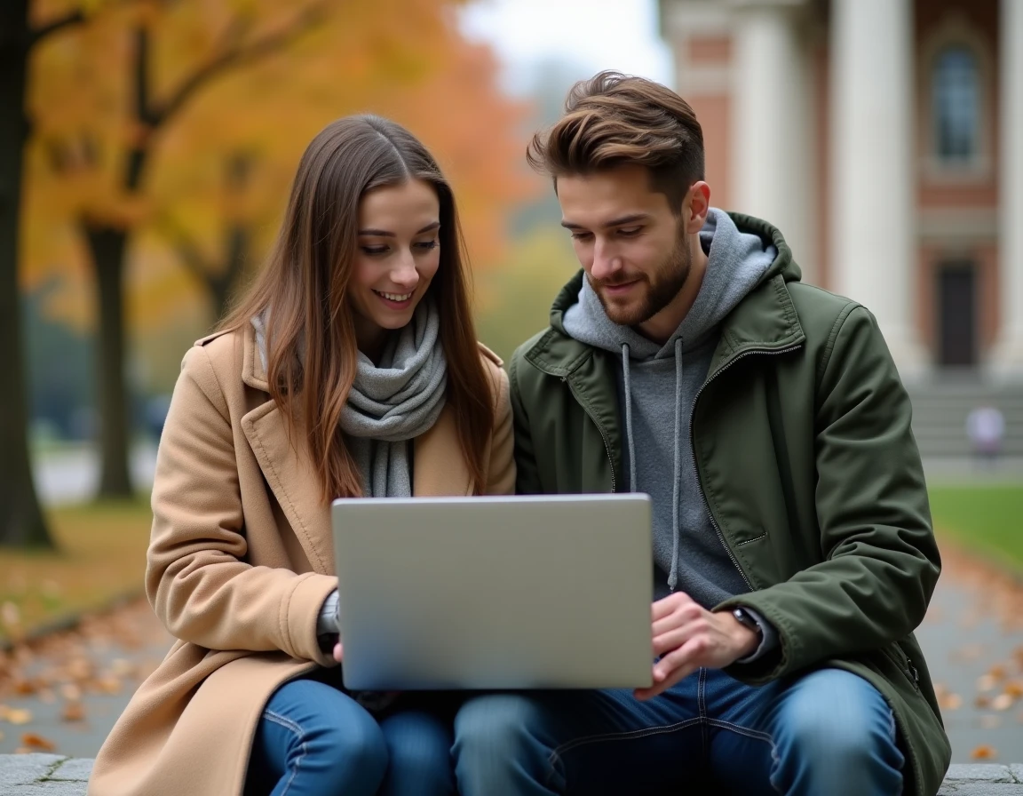 Deux étudiants consultant les résultats d'examens sur l'intranet Lyon 3 en extérieur sur le campus en automne