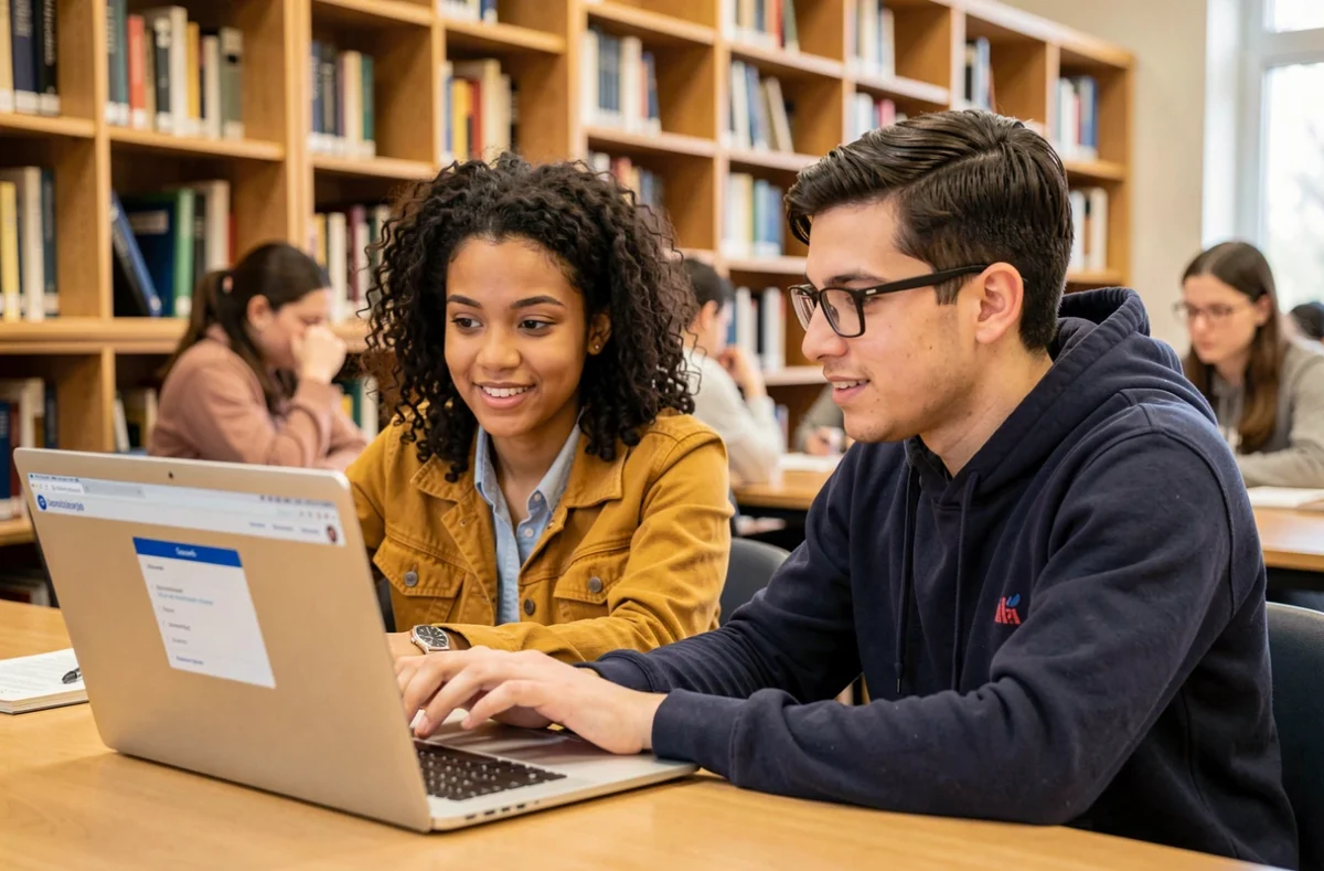 Deux étudiants de l'UGA collaborant sur l'intranet LEO depuis un poste de travail partagé dans une bibliothèque universitaire