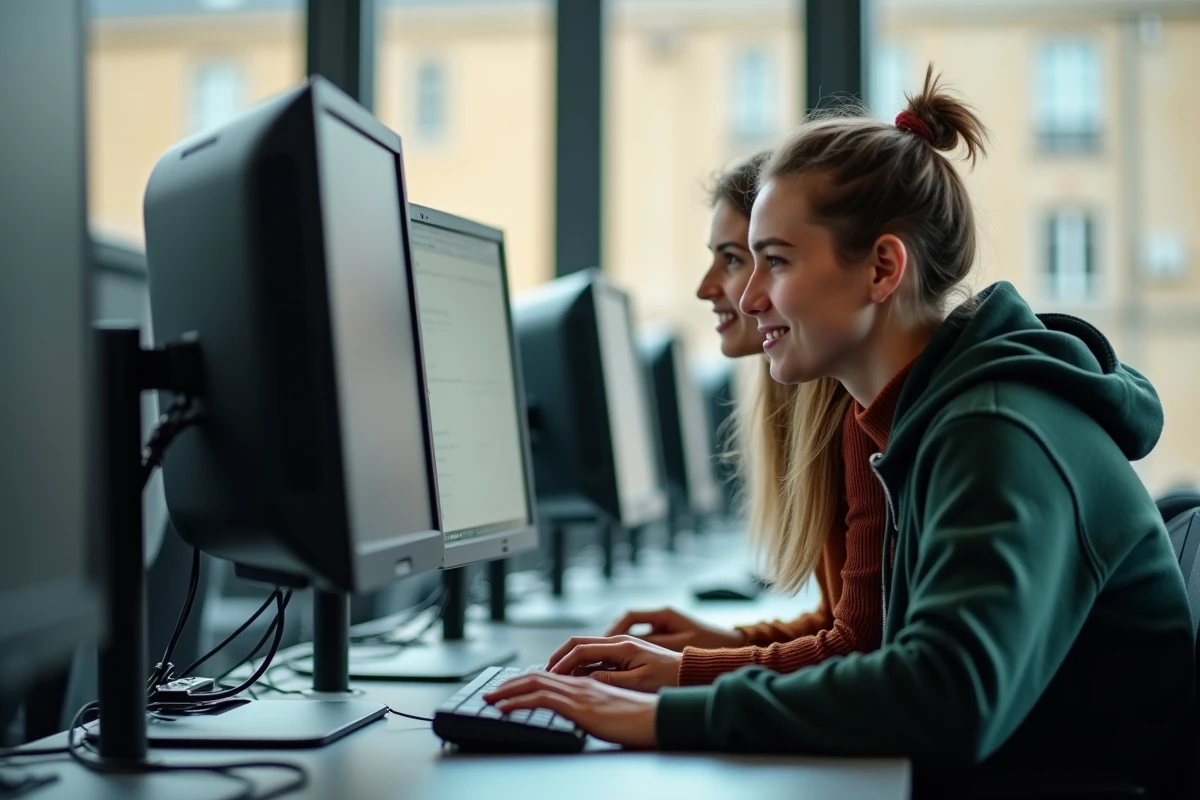 Deux étudiants consultant ensemble la messagerie académique Webmel Nancy dans une salle informatique universitaire