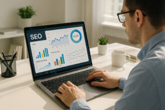 Expert marketing numérique analysant des données SEO sur un ordinateur