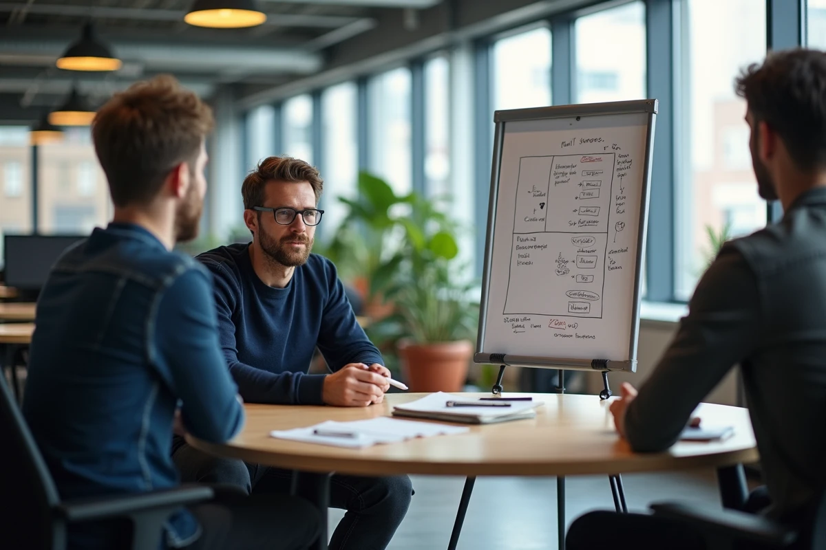 Facilitateur présentant une matrice de priorisation de fonctionnalités sur un paper board lors d'un atelier de cadrage produit avec des parties prenantes