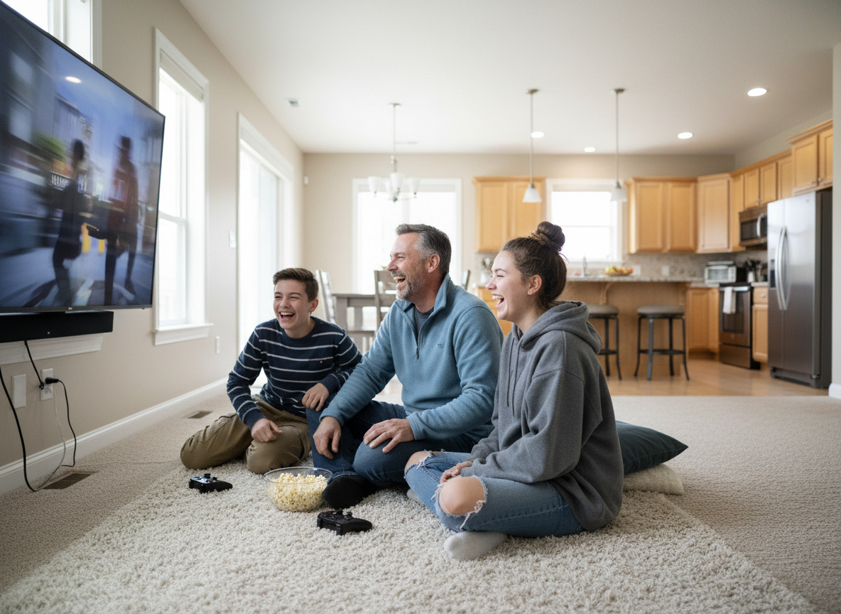 Famille souriante regardant un film dans un salon convivial