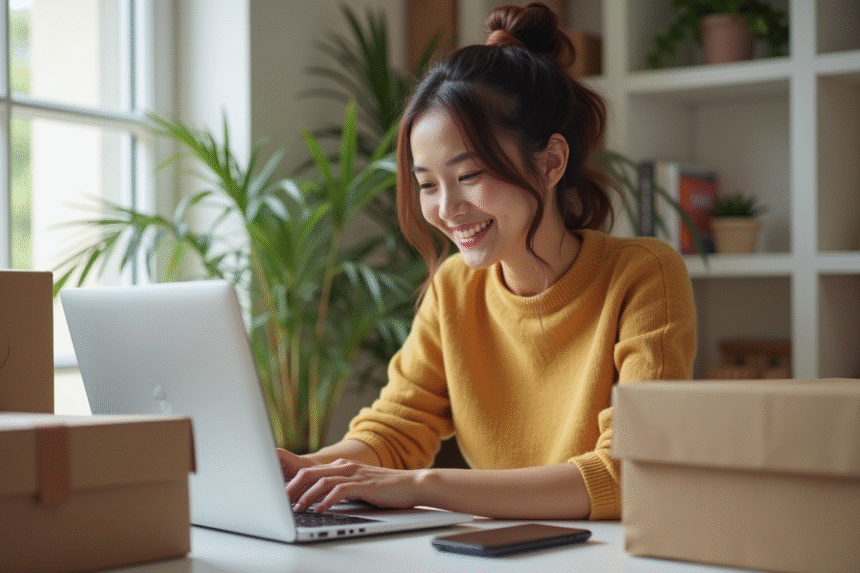 Jeune femme souriante achetant en ligne dans un bureau moderne