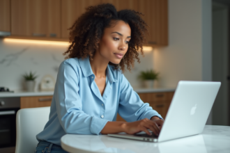 Femme en ligne dans une cuisine moderne et accueillante