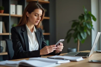 Femme d'affaires en bureau moderne avec documents et smartphone