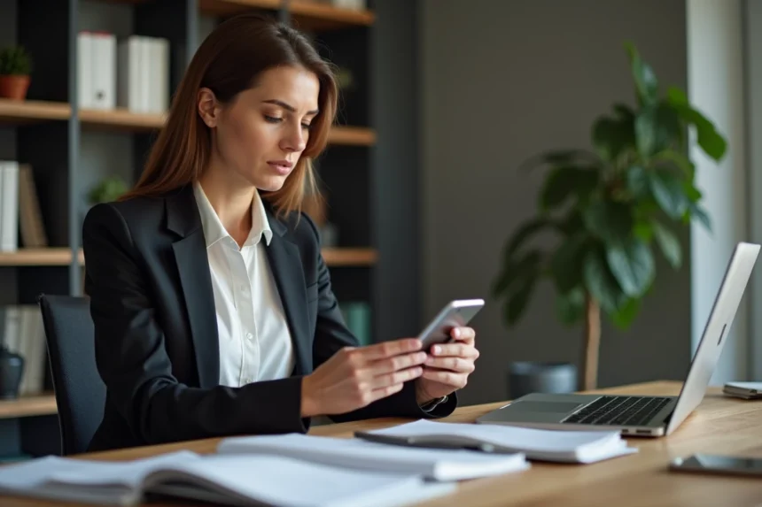Femme d'affaires en bureau moderne avec documents et smartphone