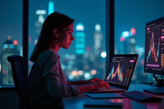 Femme d'affaires moderne travaillant tard avec graphiques et IA