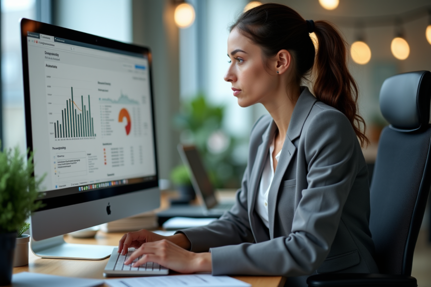 Jeune femme professionnelle analysant des données SEO sur un écran