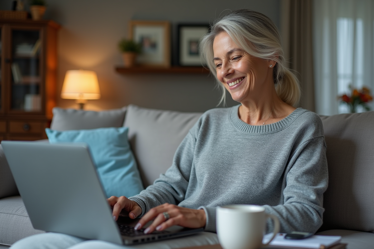 Femme détendue vérifiant la protection antivirus sur son ordinateur